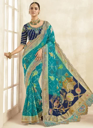 Blue Silk Classic Saree with Cut, Jacquard, Lace, Stone, Weaving and Zari Work for Ceremonial