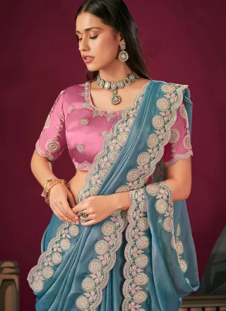 Blue Silk Classic Sari with Booti, Cut, Embroidered and Zari Work for Ceremonial