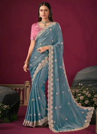 Blue Silk Classic Sari with Booti, Cut, Embroidered and Zari Work for Ceremonial