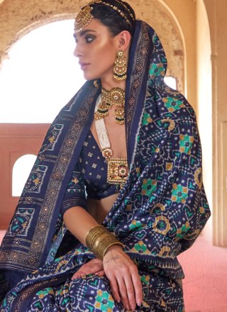 Blue Silk Classic Sari with Patola Print Work for Women