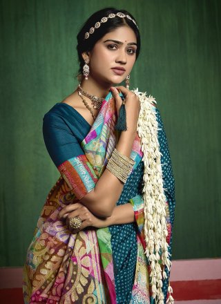 Blue Silk Contemporary Saree with Print Work for Ceremonial