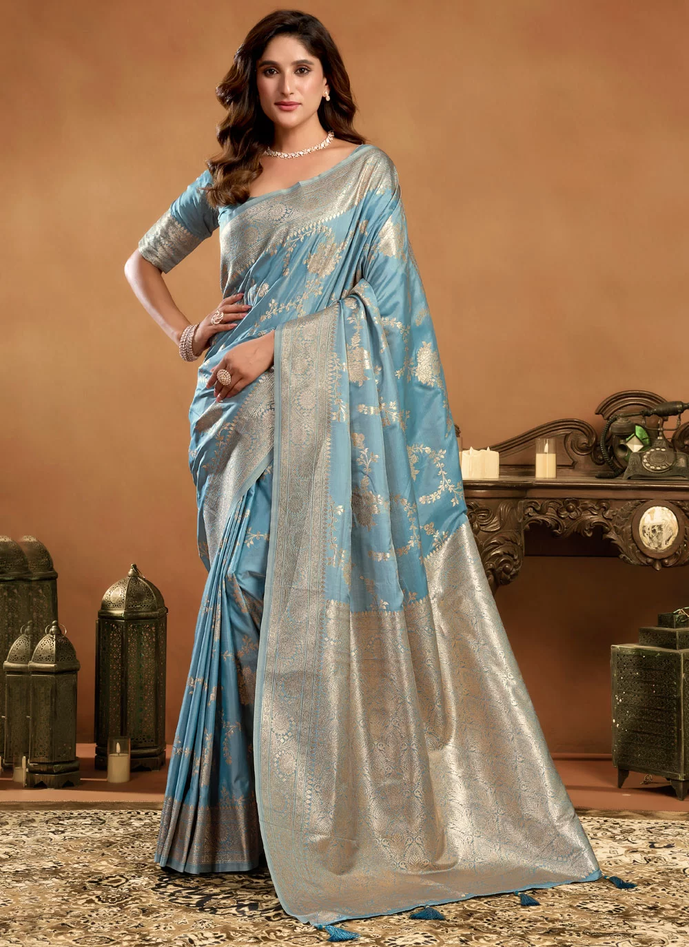 Sky Blue Silk Saree With Jewellery Trending Blue Necklace Set