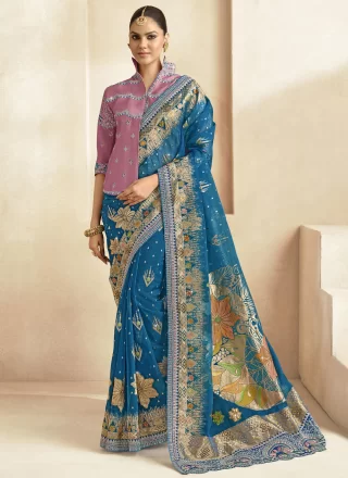 Blue Silk Cut, Jacquard, Lace, Stone, Weaving and Zari Work Traditional Saree