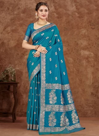 Blue Silk Designer Sari with Weaving Work