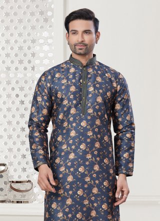 Blue Silk Digital Print Work Kurta Pyjama