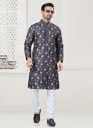 Blue Silk Digital Print Work Kurta Pyjama