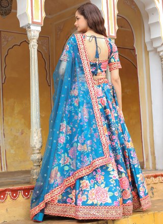 Blue Silk Embroidered, Floral Patch, Lace and Zari Work A - Line Lehenga Choli