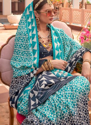 Blue Silk Geometric Print Work Trendy Saree for Casual