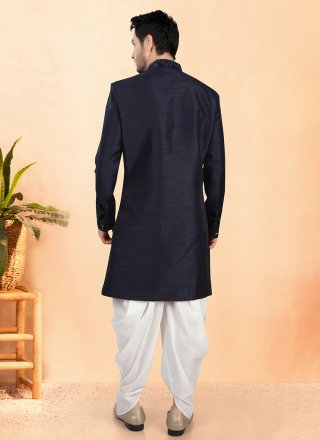 Blue Silk Indo Western Sherwani with Buttons and Plain Work for Ceremonial