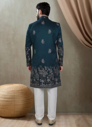 Blue Silk Indo Western with Embroidered, Sequins and Thread Work
