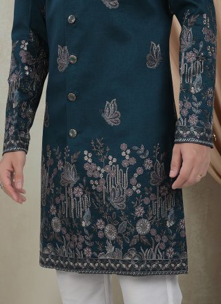 Blue Silk Indo Western with Embroidered, Sequins and Thread Work