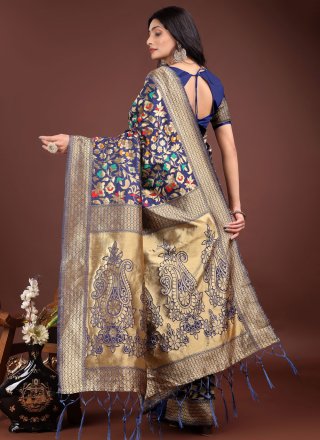 Blue Silk Jacquard Work Contemporary Sari for Women