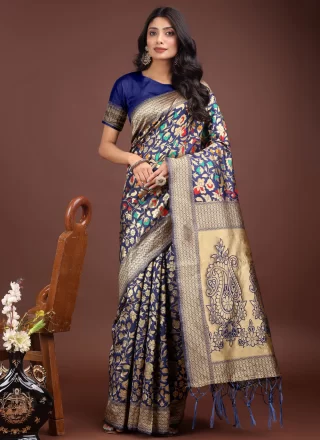 Blue Silk Jacquard Work Contemporary Sari for Women
