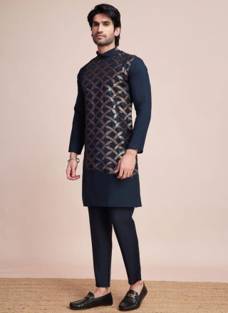 Blue Silk Kurta Mens Wear with Sequins and Thread Work for Ceremonial