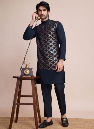 Blue Silk Kurta Mens Wear with Sequins and Thread Work for Ceremonial