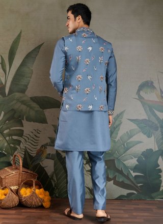 Blue Silk Kurta Payjama with Jacket with Embroidered Work for Ceremonial