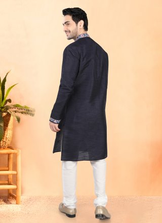 Blue Silk Kurta Pyjama with Patch Border Work