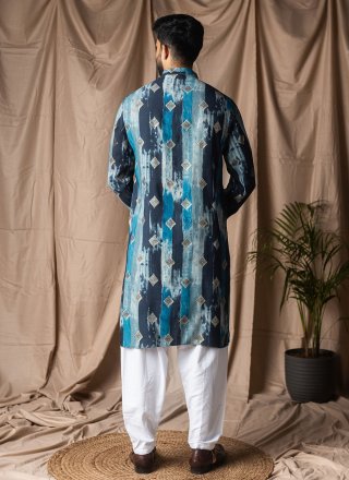 Blue Silk Kurta Pyjama with Print Work