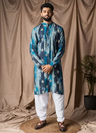 Blue Silk Kurta Pyjama with Print Work