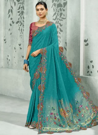 Blue Silk Patch Border, Cut, Embroidered, Fancy, Stone, Weaving and Zari Work Trendy Saree