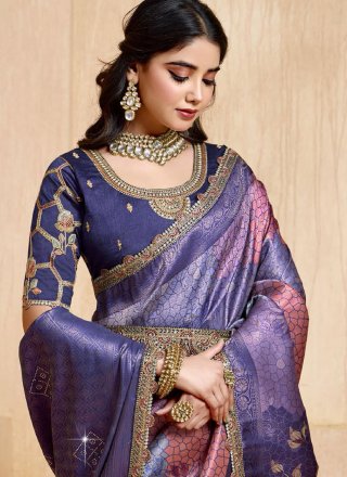 Blue Silk Patch Border, Lace, Multi, Print and Weaving Work Contemporary Saree for Engagement
