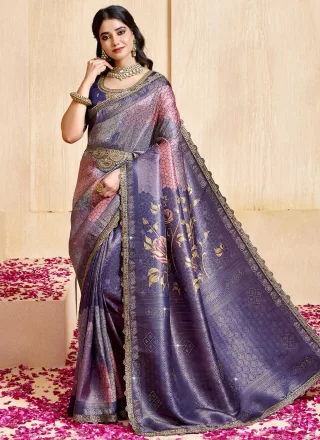 Blue Silk Patch Border, Lace, Multi, Print and Weaving Work Contemporary Saree for Engagement