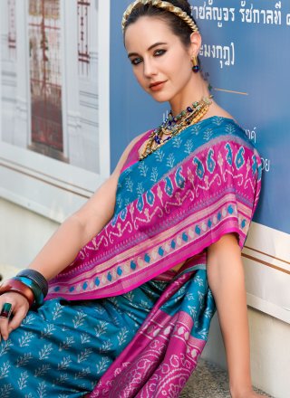 Blue Silk Patch Border, Weaving and Zari Work Trendy Saree for Ceremonial
