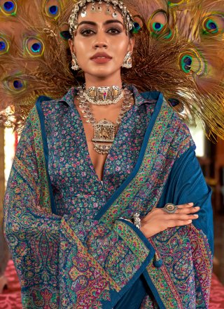 Blue Silk Print Work Bollywood Saree