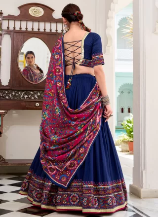 Blue Silk Readymade Lehenga Choli with Gamthi, Lace and Print Work