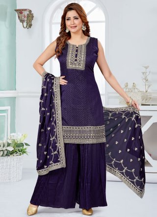 Blue Silk Readymade Salwar Suit with Embroidered Work