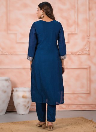 Blue Silk Readymade Salwar Suit with Embroidered Work