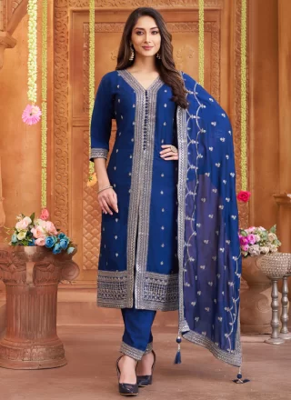 Blue Silk Readymade Salwar Suit with Embroidered Work