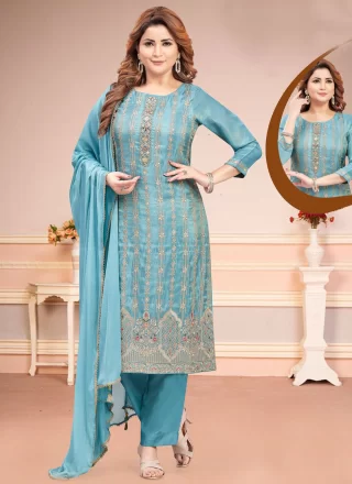 Blue Silk Readymade Salwar Suit with Embroidered Work for Ceremonial