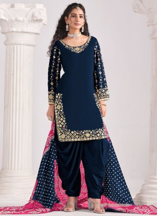 Blue Silk Salwar Suit with Embroidered, Mirror and Zari Work