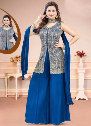 Blue Silk Salwar Suit with Embroidered, Sequins and Zari Work