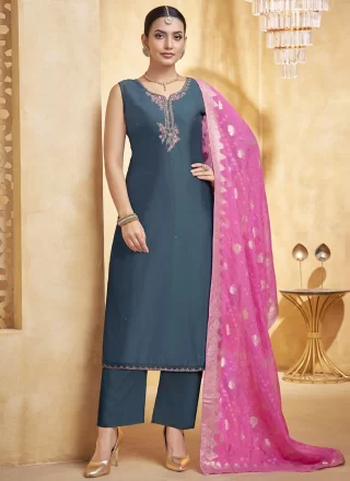 Blue Silk Straight Salwar Suit with Embroidered Work for Ceremonial
