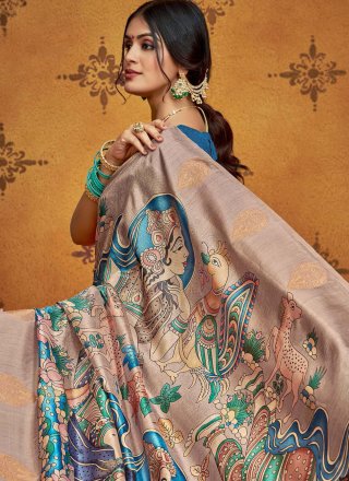 Blue Silk Traditional Saree with Print and Weaving Work for Ceremonial