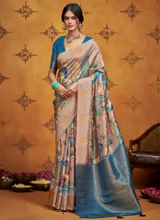 Blue Silk Traditional Saree with Print and Weaving Work for Ceremonial