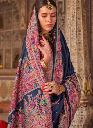 Blue Silk Trendy Saree with Fancy and Print Work