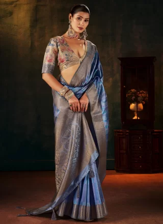 Blue Silk Weaving Work Contemporary Saree
