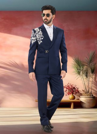 Blue Suiting Embroidered Work Tuxedo Suit