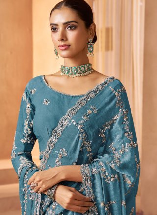 Blue Tissue Classic Saree with Beads, Cut, Embroidered, Sequins and Zari Work