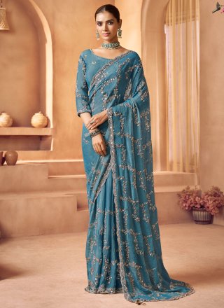 Blue Tissue Classic Saree with Beads, Cut, Embroidered, Sequins and Zari Work