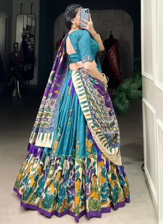 Blue Tussar Silk Foil Print Work A - Line Lehenga Choli for Festival