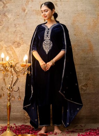 Blue Velvet Embroidered, Sequins and Zari Work Salwar Suit