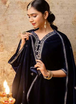 Blue Velvet Embroidered, Sequins and Zari Work Salwar Suit