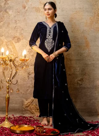 Blue Velvet Embroidered, Sequins and Zari Work Salwar Suit