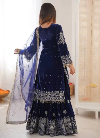 Blue Velvet Palazzo Salwar Suit with Embroidered, Pearls, Sequins and Thread Work