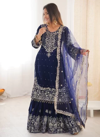 Blue Velvet Palazzo Salwar Suit with Embroidered, Pearls, Sequins and Thread Work