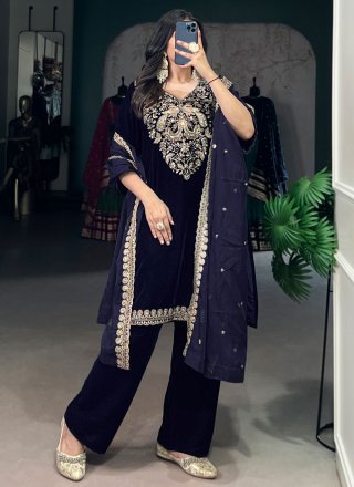 Blue Velvet Straight Salwar Suit